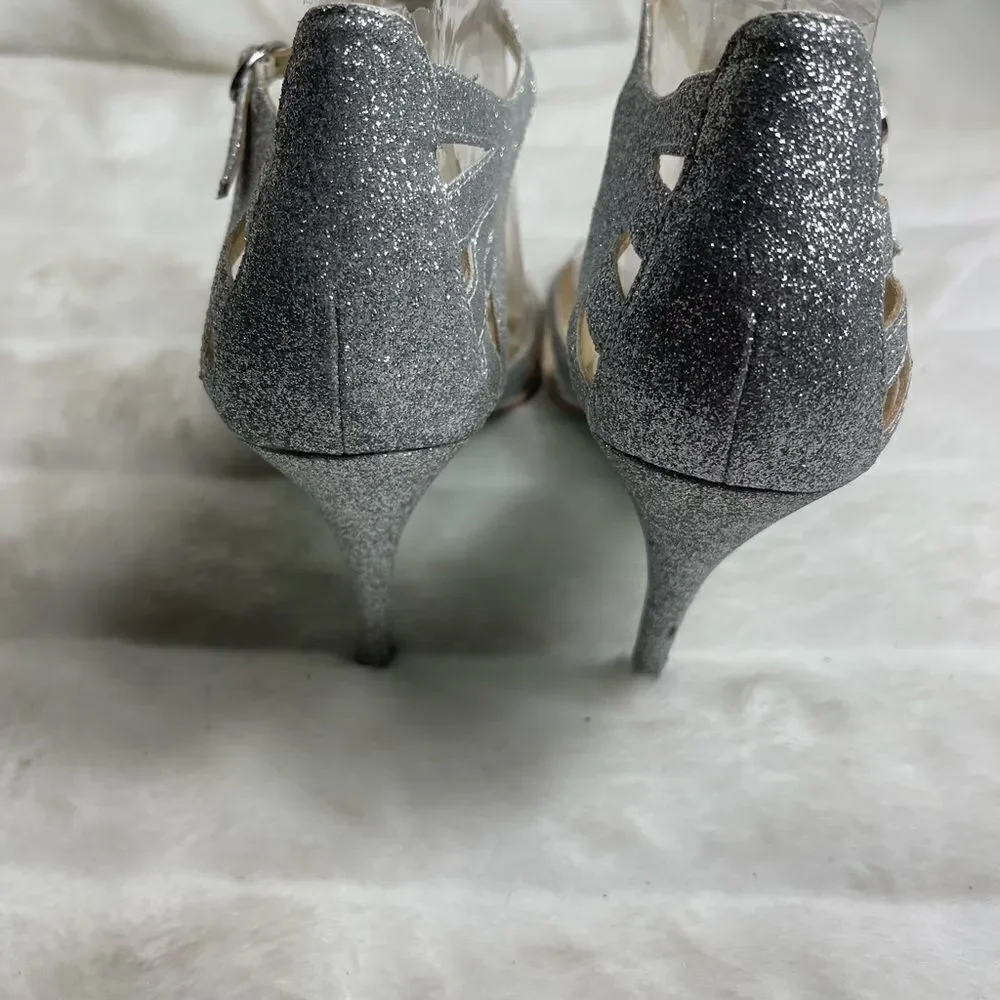 Betsey Johnson Blue silver glitter T strap sandals open toe ankle strap …